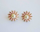 Lovely pink enamel and pearl Earrings Vintage1950s flower