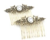 Gothic Lolita Hair Combs - Tick Tock Steampunk Hair Combs - Alice in Wonderland Inspired - with Vintage Clock Cameos - By Ghostlove