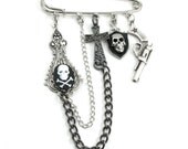 Unisex Gothic Brooch / Lapel Pin - Black Sails in the Sunset - with Skull Cameo, Hanging Chains, and Pirate Themed Charms - By Ghostlove