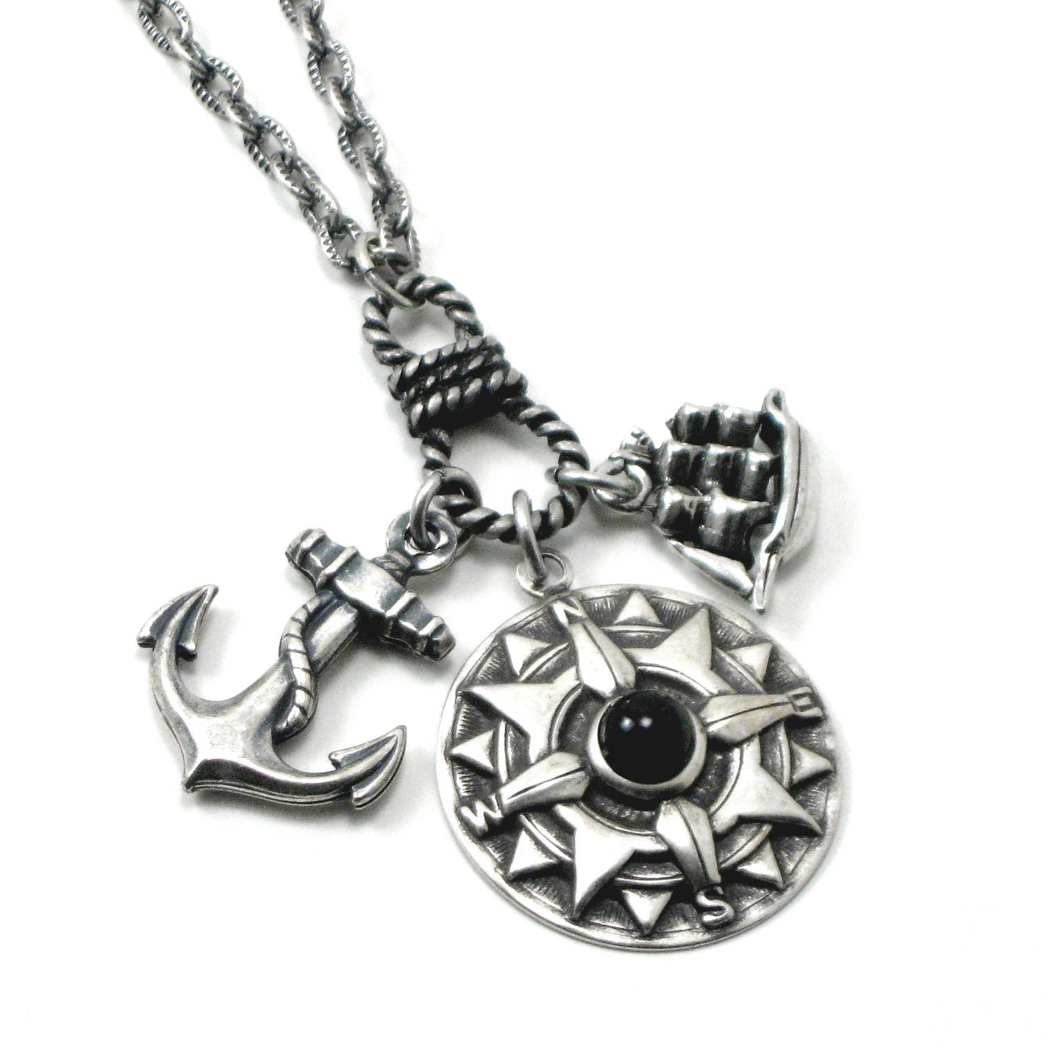 Unisex Nautical Charm Necklace - Curse of the Black Pearl - Antiqued Sterling Silver Plated Pirate Ship, Compass, and Anchor - By Ghostlove
