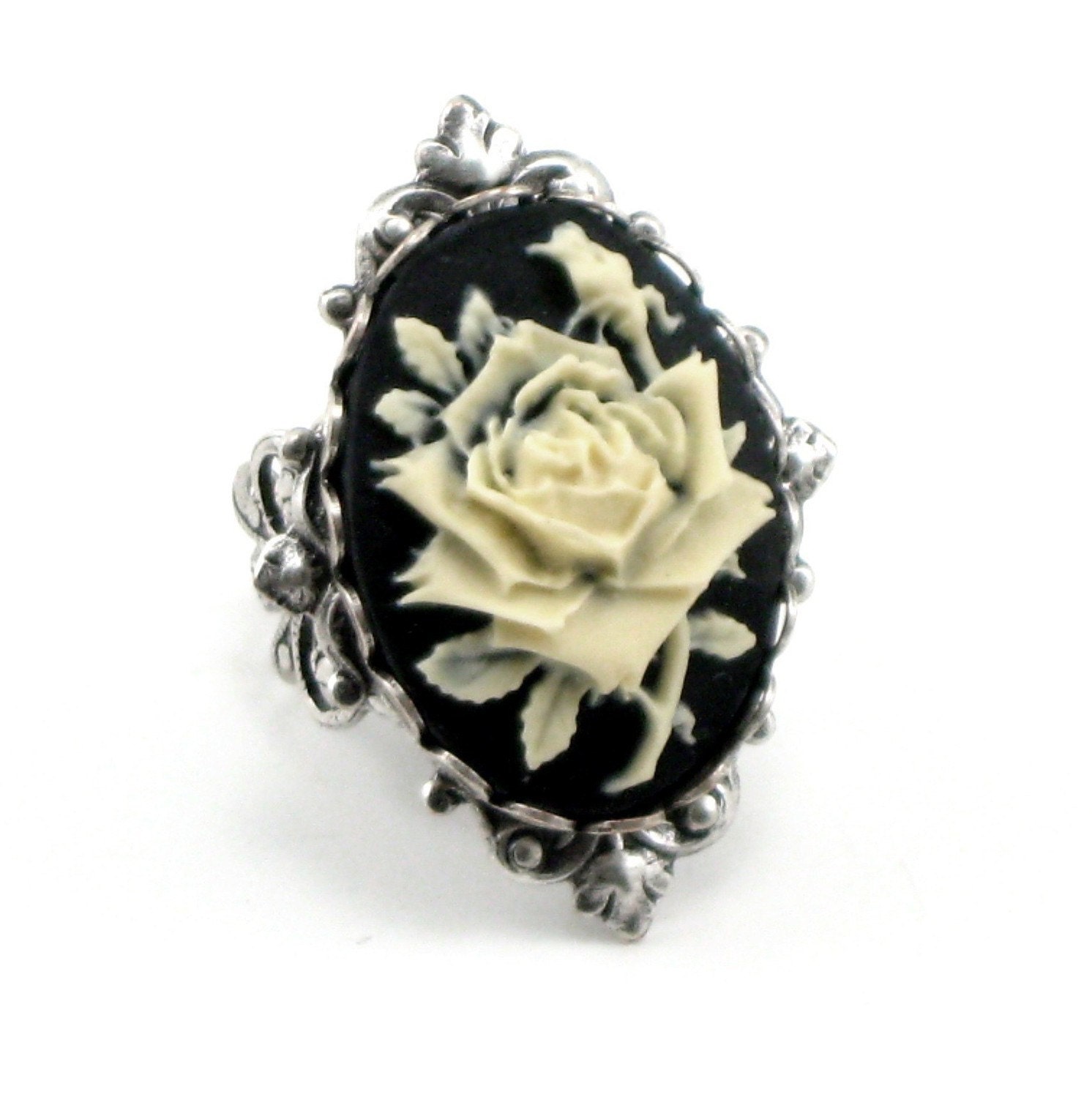 Neo Victorian Ring - Gothic Ring - Adjustable Cream on Black Mourning Rose Cameo Ring with Sterling Silver Plated Band - By Ghostlove