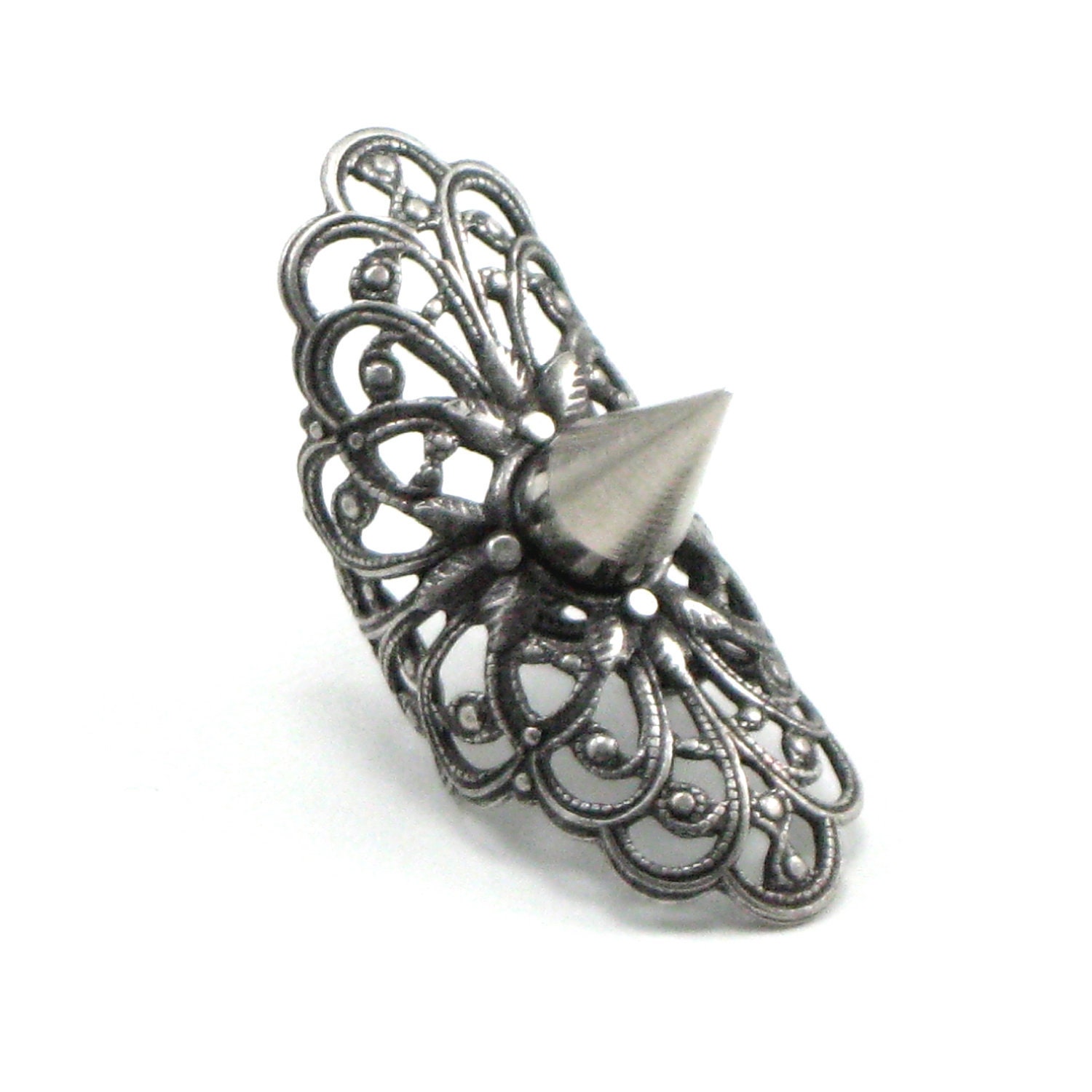 Gothic Finger Spikes - Single - Antiqued Sterling Silver Plated Filigree Finger Armor with Spike Accent - By Ghostlove