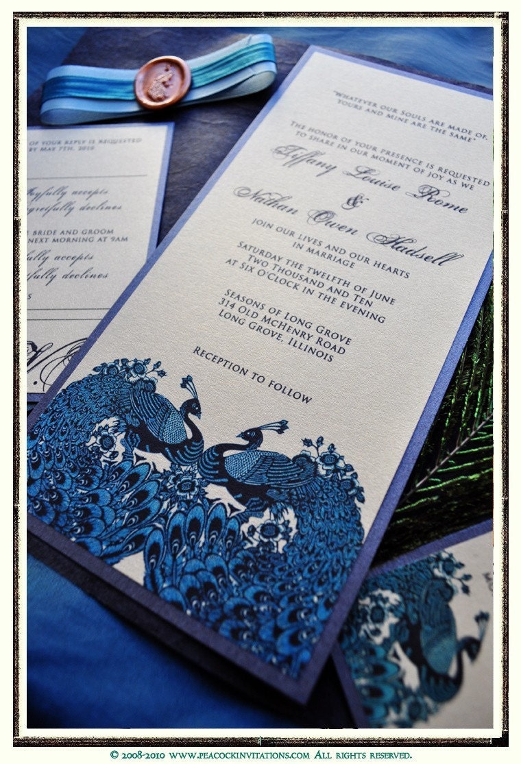 75 Custom Designed TIFFANY Peacock Lovebirds Themed Wedding Invitations