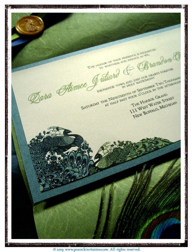 50 Custom Designed ZARA Lovebirds Peacock Themed Wedding Invitations