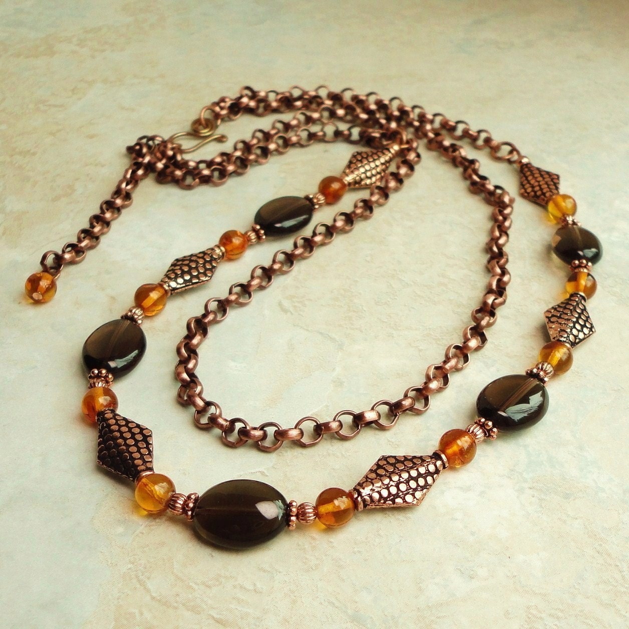 Smoky Quartz Amber Double Layer Necklace in Copper, Adjustable, Handmade