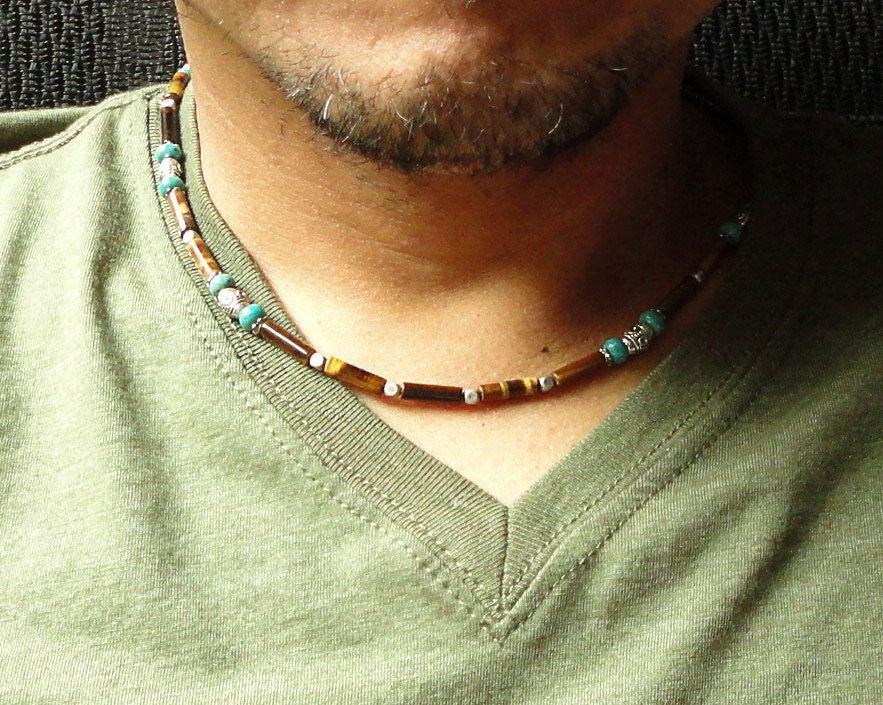 Brown Tiger Eye and Tibetan Green Turquoise, Beaded Mens Stone Necklace, Handmade Jewelry for Men, Guys