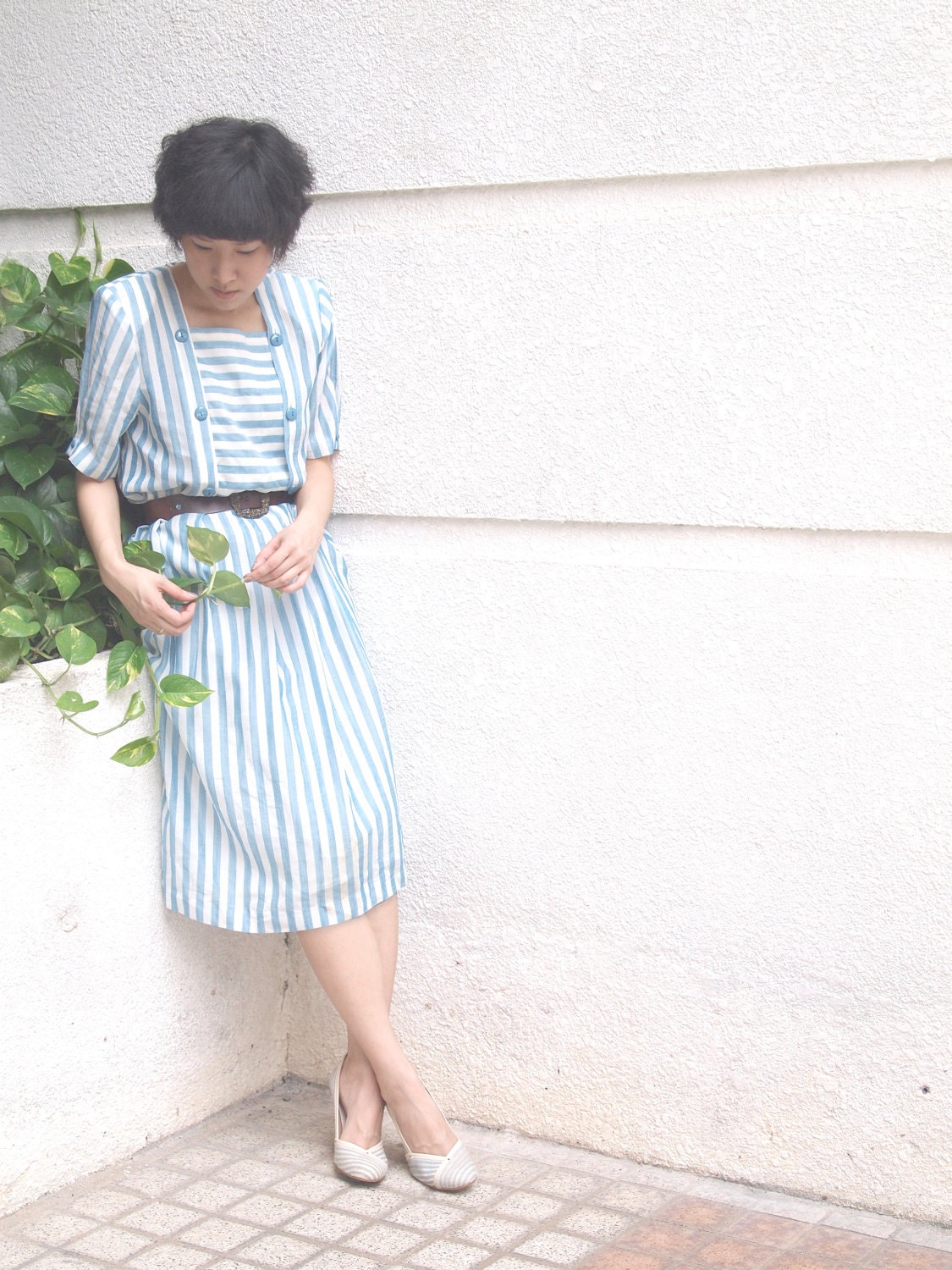 SALE - Nautical fashion stripe dress panel blue and white vintage 80s