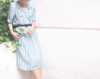 SALE - Nautical fashion stripe dress panel blue and white vintage 80s