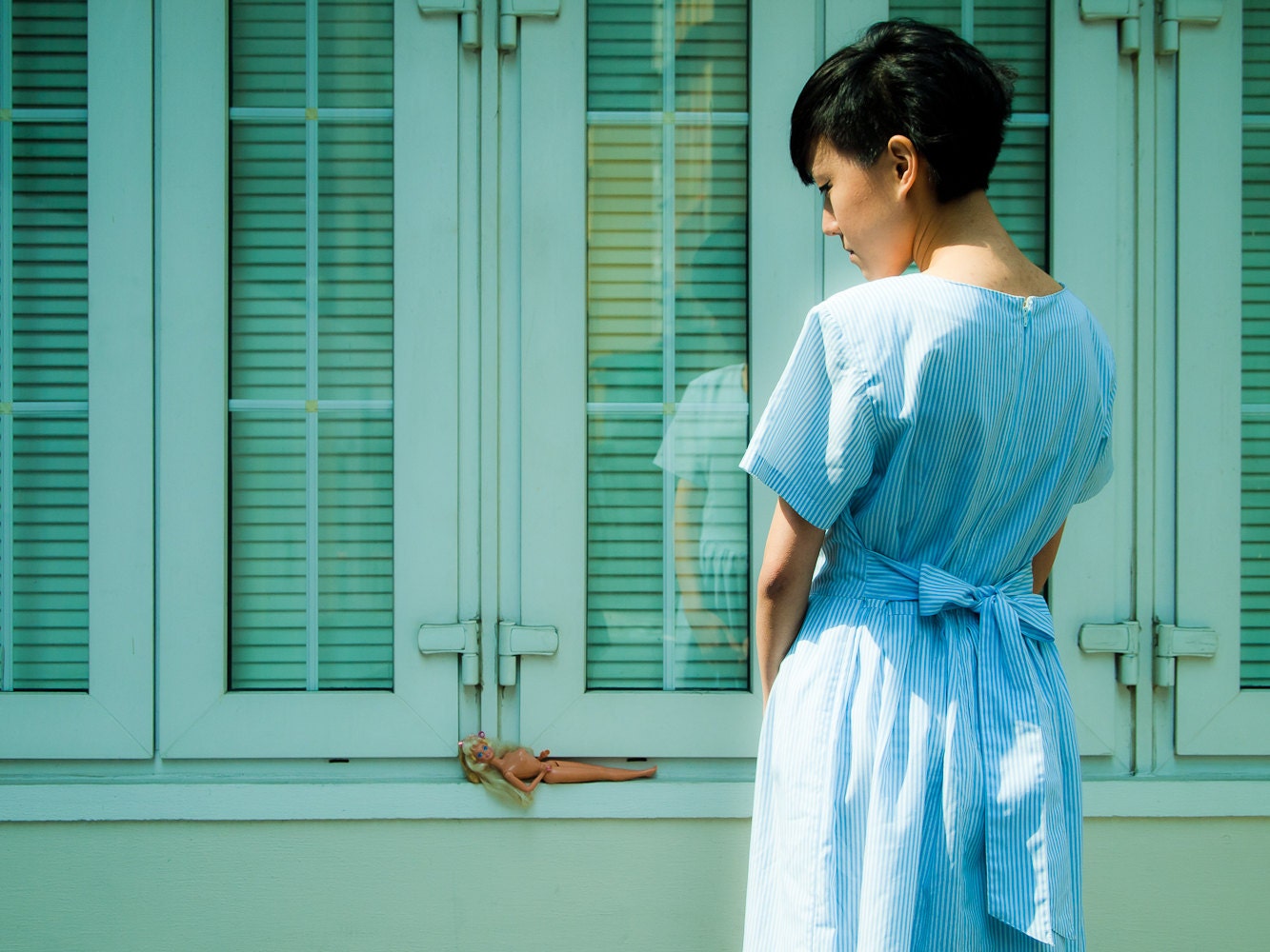 Vintage blue summer dress pleated white stripes sailor nautical