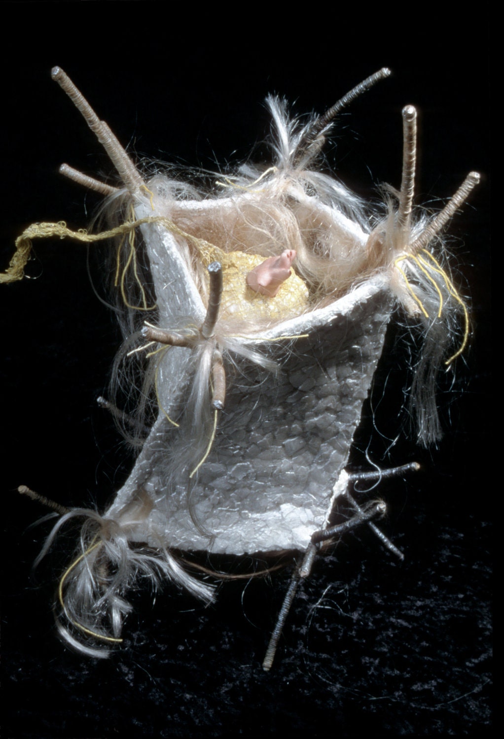 Eggshell Doll Hair Wrapped Nature Mosaic Sculpture "Nesting Instinct"