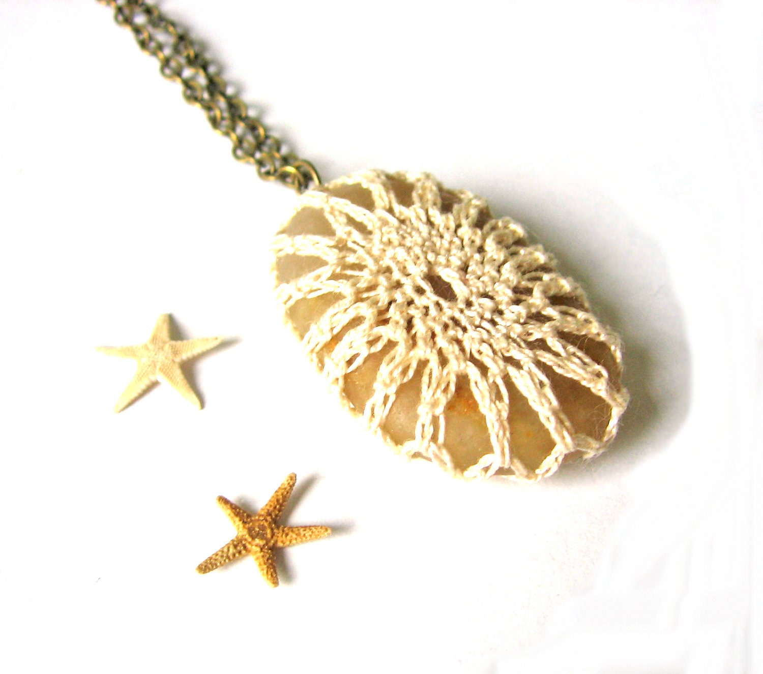 Luxe Bridal Crochet Fishnet Beach Stone Pebble Pendant in Creamy White
