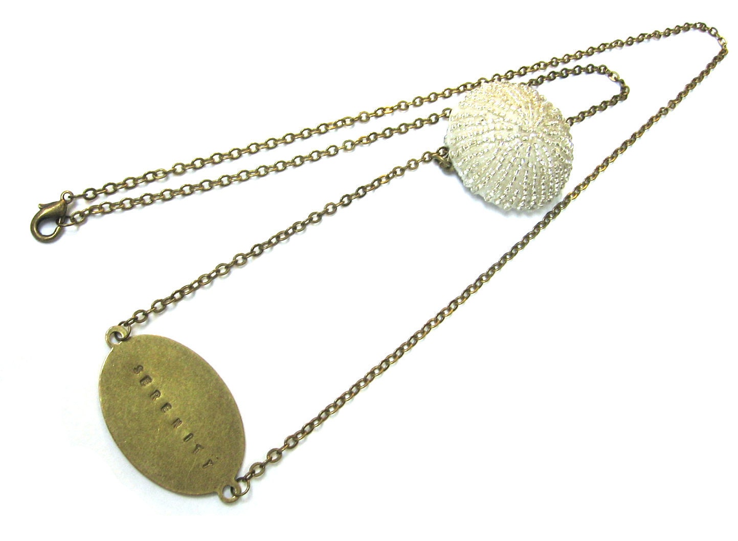 Beaded Sea Urchin in Cream with Metal Stamped Serenity Brass Extra Long Necklace