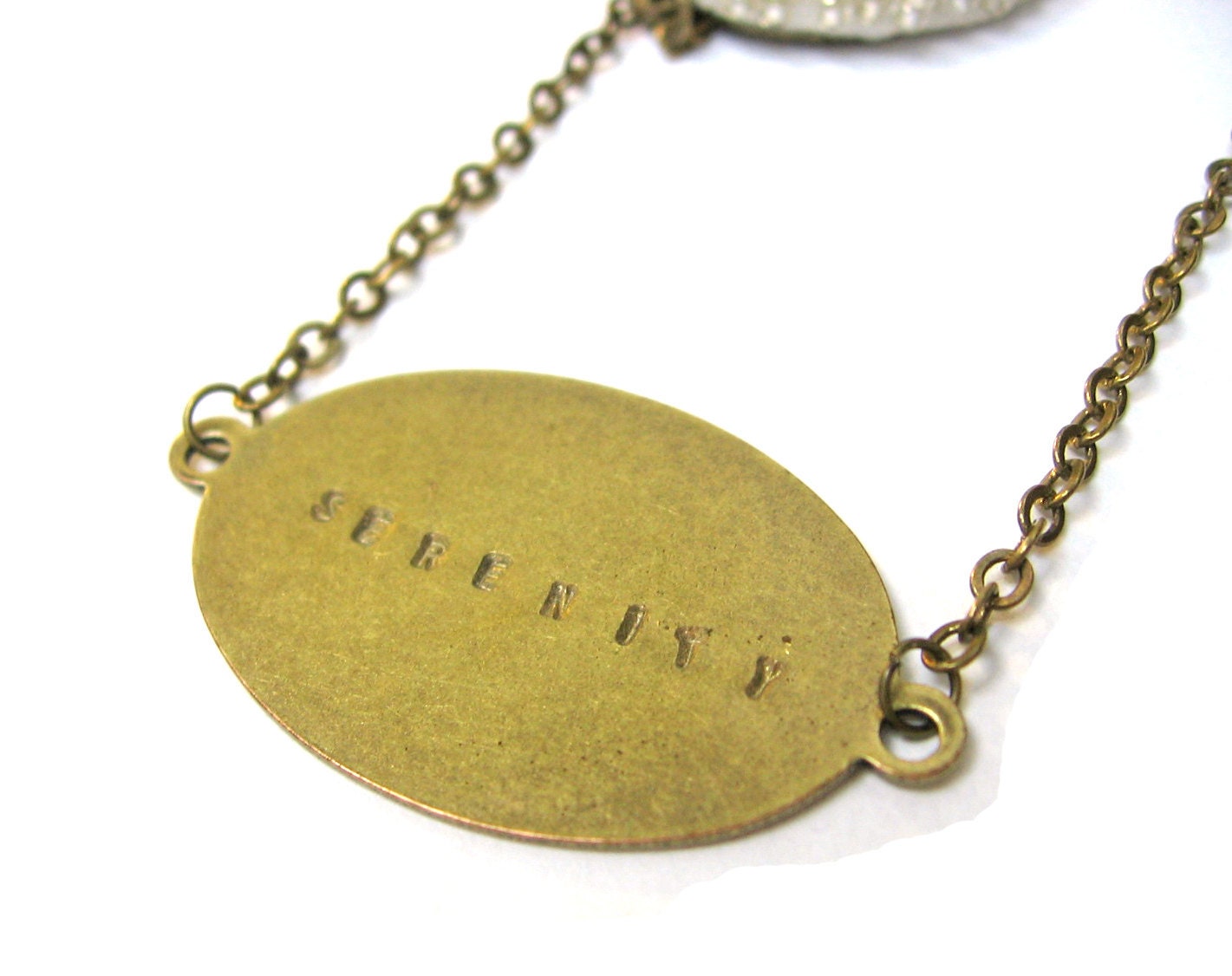 Beaded Sea Urchin in Cream with Metal Stamped Serenity Brass Extra Long Necklace