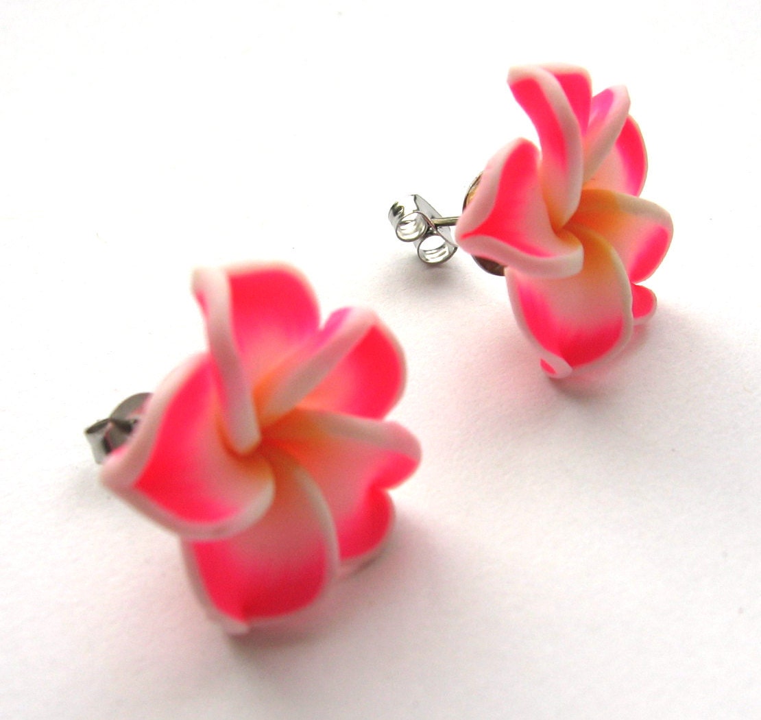 Frangipani Plumeria Neon Pink and Tangerine Hawaiian Flower Stud Earrings