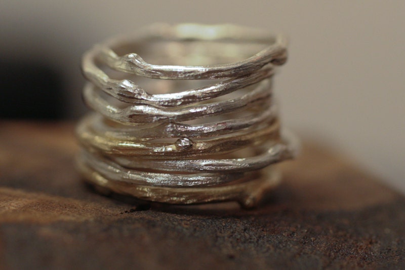 Stack of Twig Rings / Sterling and 14k Y Gold