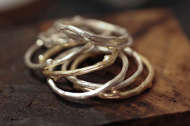 Stack of Twig Rings / Sterling and 14k Y Gold