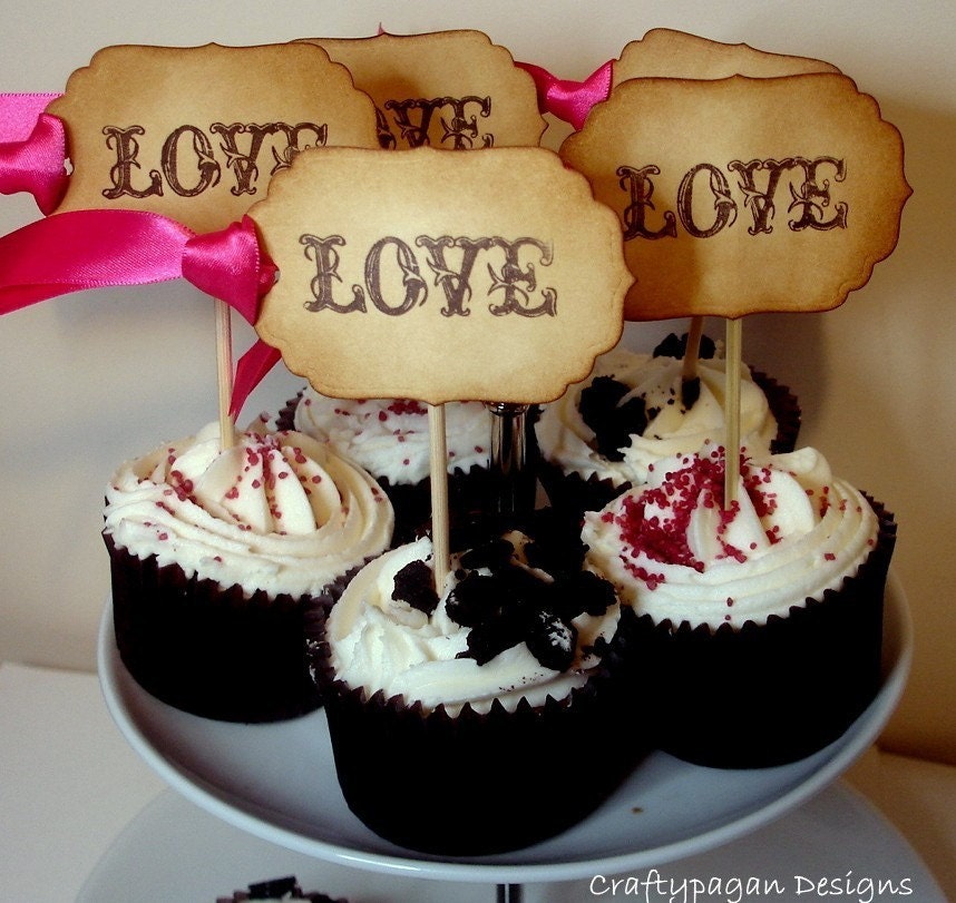 Love Cupcake Toppers/Food Pick-Perfect for Weddings-SET of 12-Choice of Ribbon Colour