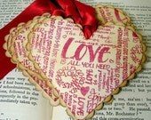 Red Love Hearts-Vintage Style Valentines Gift Tags/Labels-SET of 6-Ribbon Choice Available