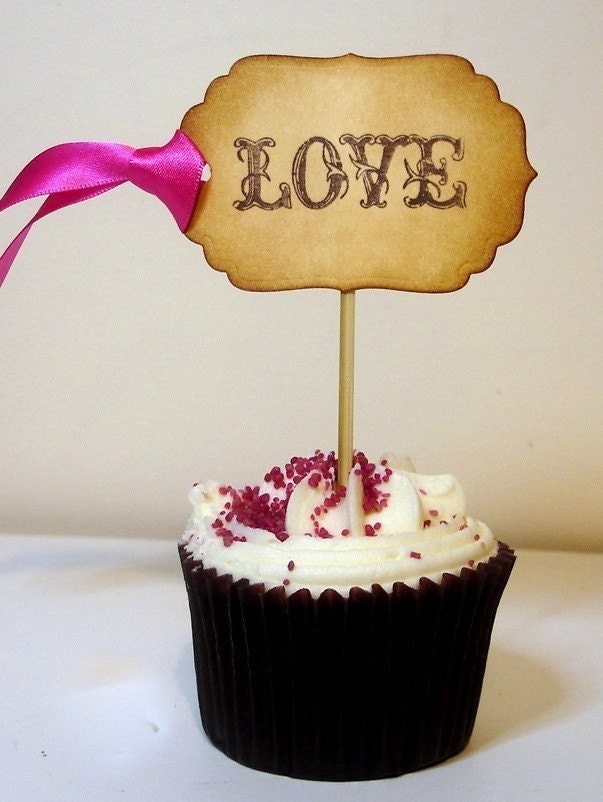 25 Love Cupcake Toppers/Picks-Luxury Vintage Style-Choose your Colours or Wording