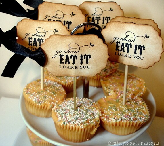 I Dare You Handmade Vintage Style Halloween Cupcake Toppers-SET of 12