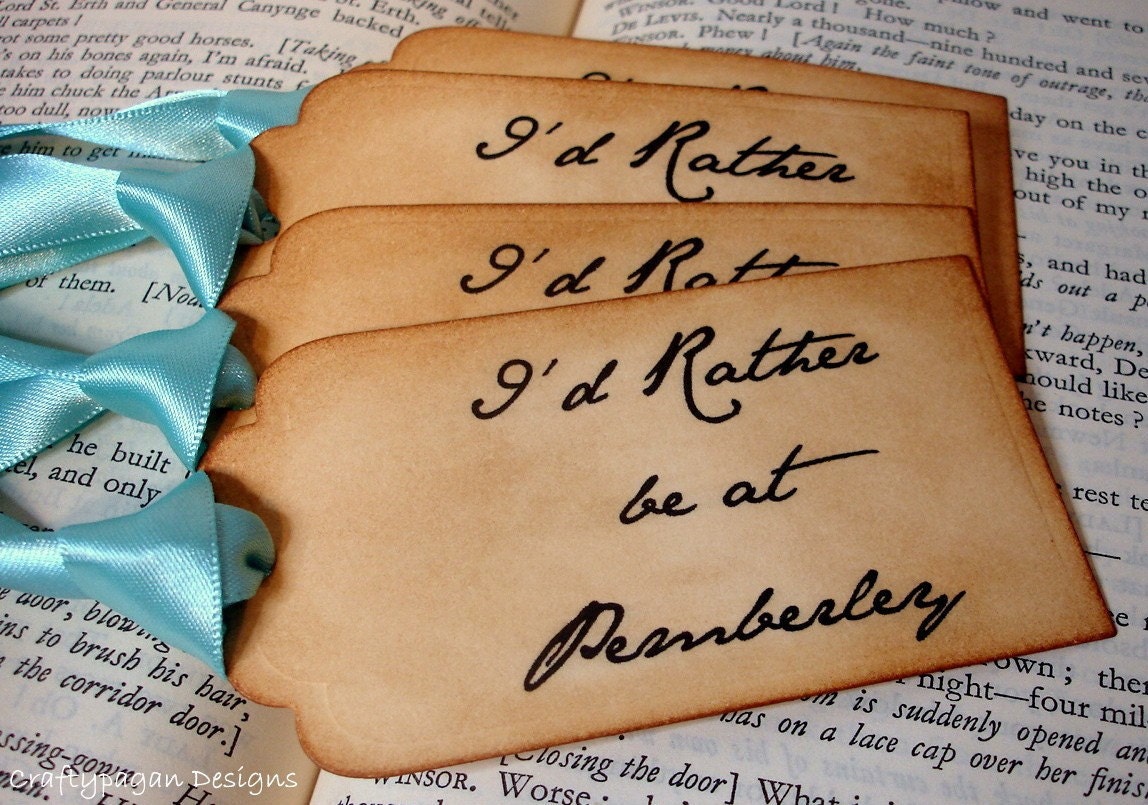 I'd Rather Be At Pemberley Handmade Vintage Style Gift Tags/Labels/Hang Tags SET of 6-Ribbon Choice