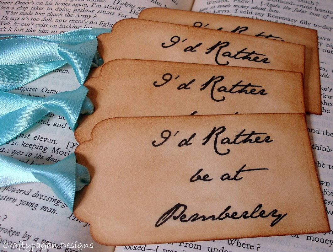 I'd Rather Be At Pemberley Handmade Vintage Style Gift Tags/Labels/Hang Tags SET of 6-Ribbon Choice