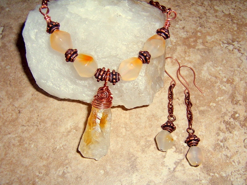 Citrine Dream Necklace and Earring Set in Copper with Wire Wrapped Raw Crystal and Creamy Agate Beads