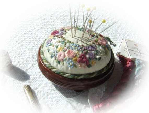 Miniature Wreath of Flowers - pincushion kit on silk