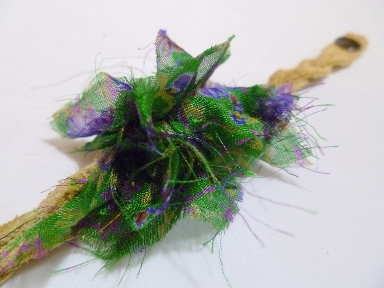 Braided Tan Suede Bracelet - Green and Purple Silk Flower - Leather Bracelet - Textile Fiber Art Jewelry - Urban Boho Chic