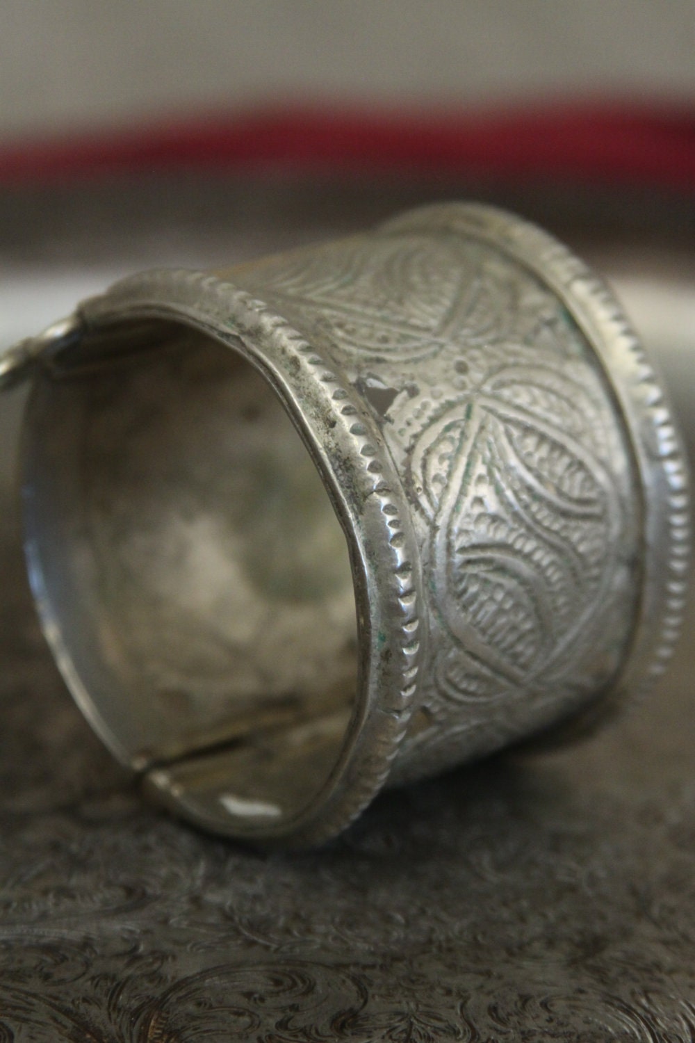Tribal silver cuff bracelet -- antique Kuchi jewelry - carved design with cut outs -- pin closure-- Heavy Patina  FREE SHIPPING SALE