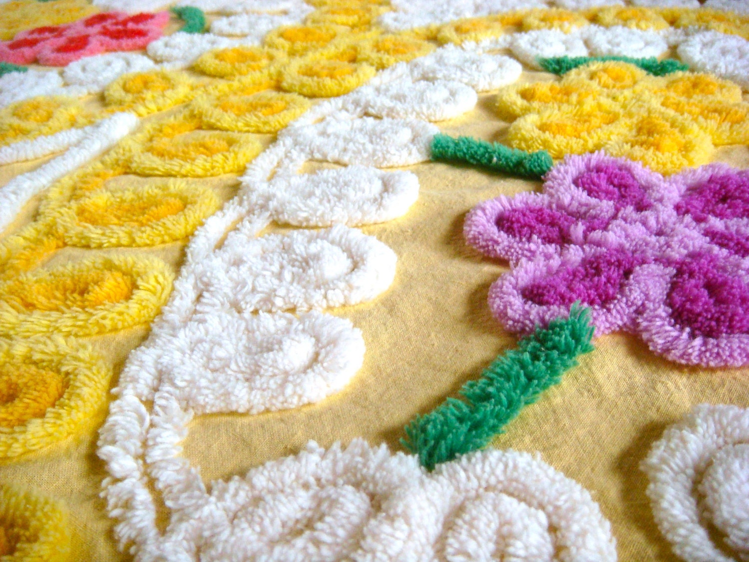 Yellow Floral Heart Vintage Cotton Chenille Bedspread Fabric