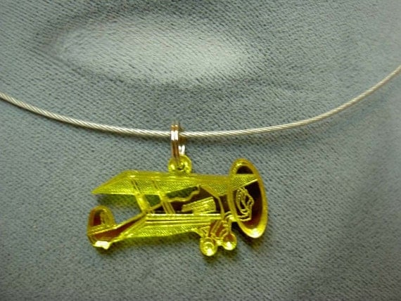Yellow Biplane Laser cut mirror acrylic pendant with choker