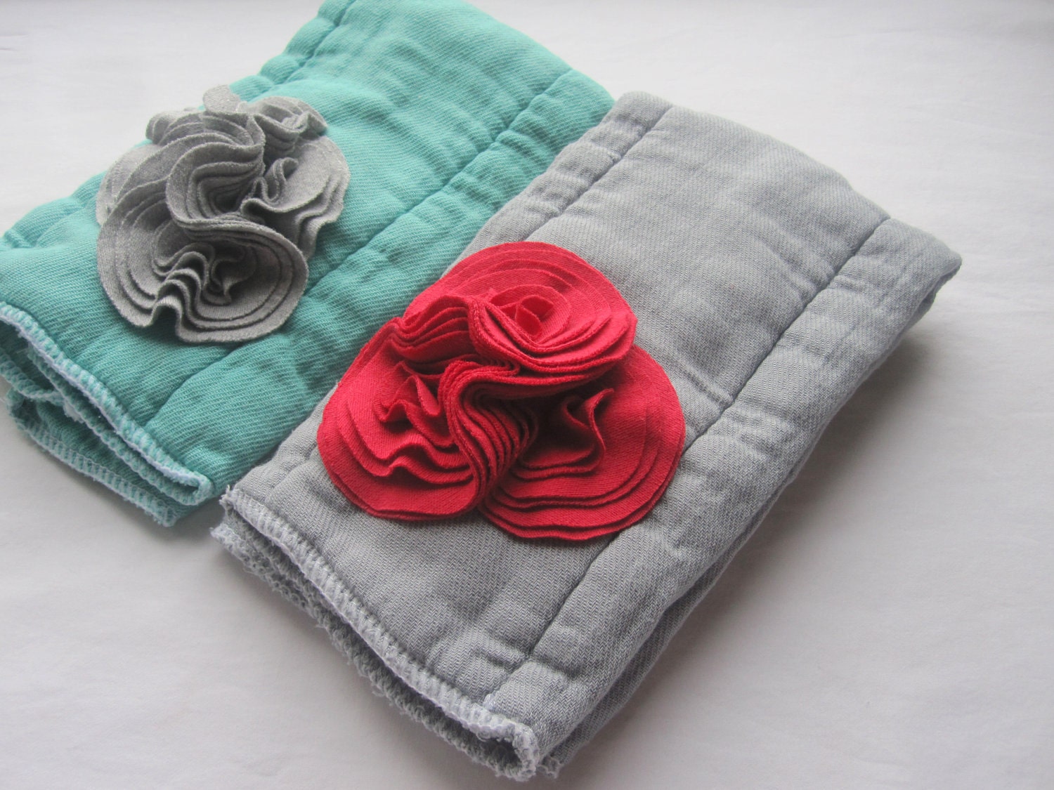 Baby Burpie Set, Burpcloth, Embellished, Hand Dyed Cloth Diaper, Knit Fabric Cluster, Grey, Red, Teal, Boy Or Girl