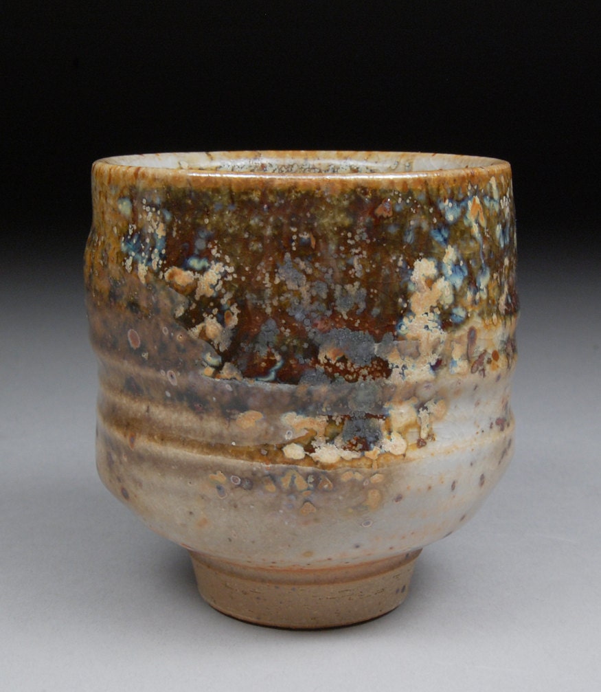 Larger Yunomi Tea Cup Glazed with Shino, Wood Ash, Copper and Rutile