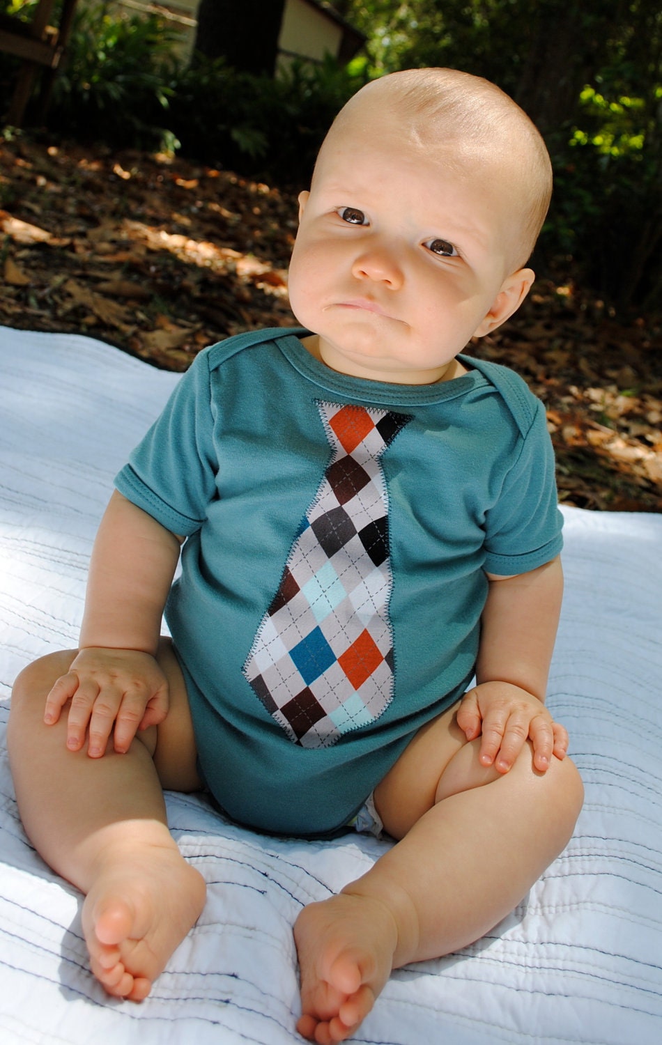 Newborn Baby Boys Necktie Onesie // Necktie Clothes // Tie Bodysuit // Size 0-3 Months // Steel Blue Gray Black and Rust Argyle