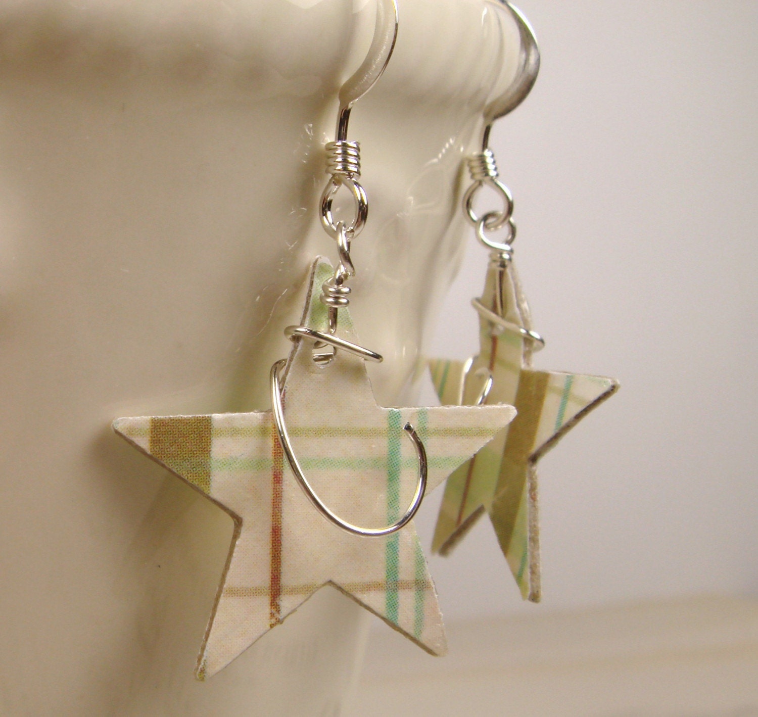 divine. plaid star w swirl. paper and sterling silver earrings