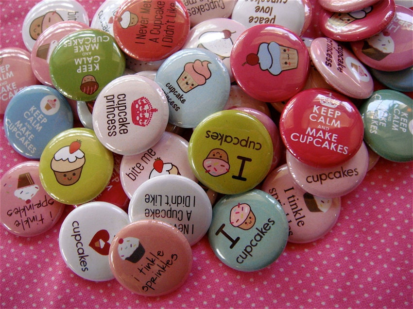 Cupcake Love Buttons - Pinback Buttons Kawaii - Set of 48 - Cute Grab Bag Party Favor