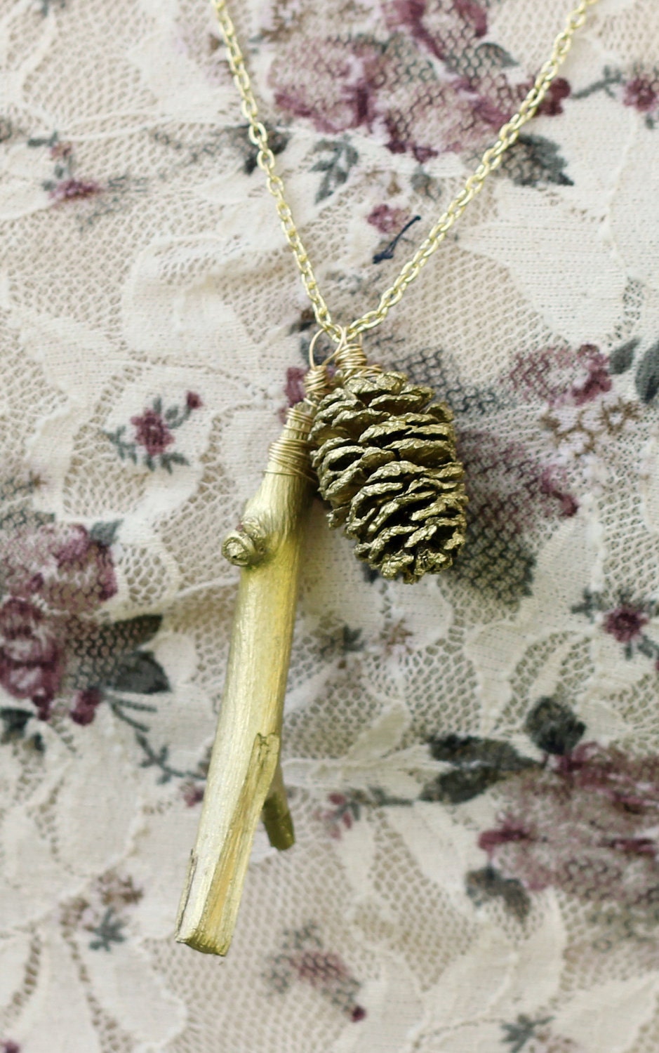Golden Branch and Pine Cone Necklace