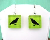 Raven Silhouette on Green Handmade Earrings