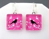 Bird Silhouette on Pink Handmade Glass Tile Earrings