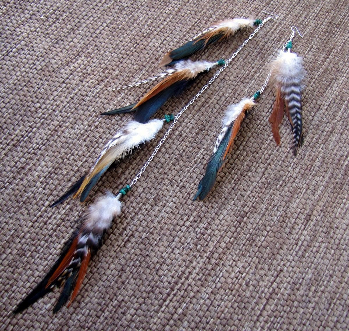 Extra Long Feather Earrings - Asymmetrical Feather Earrings, Brown and Black Feathers - Gypsy Princess