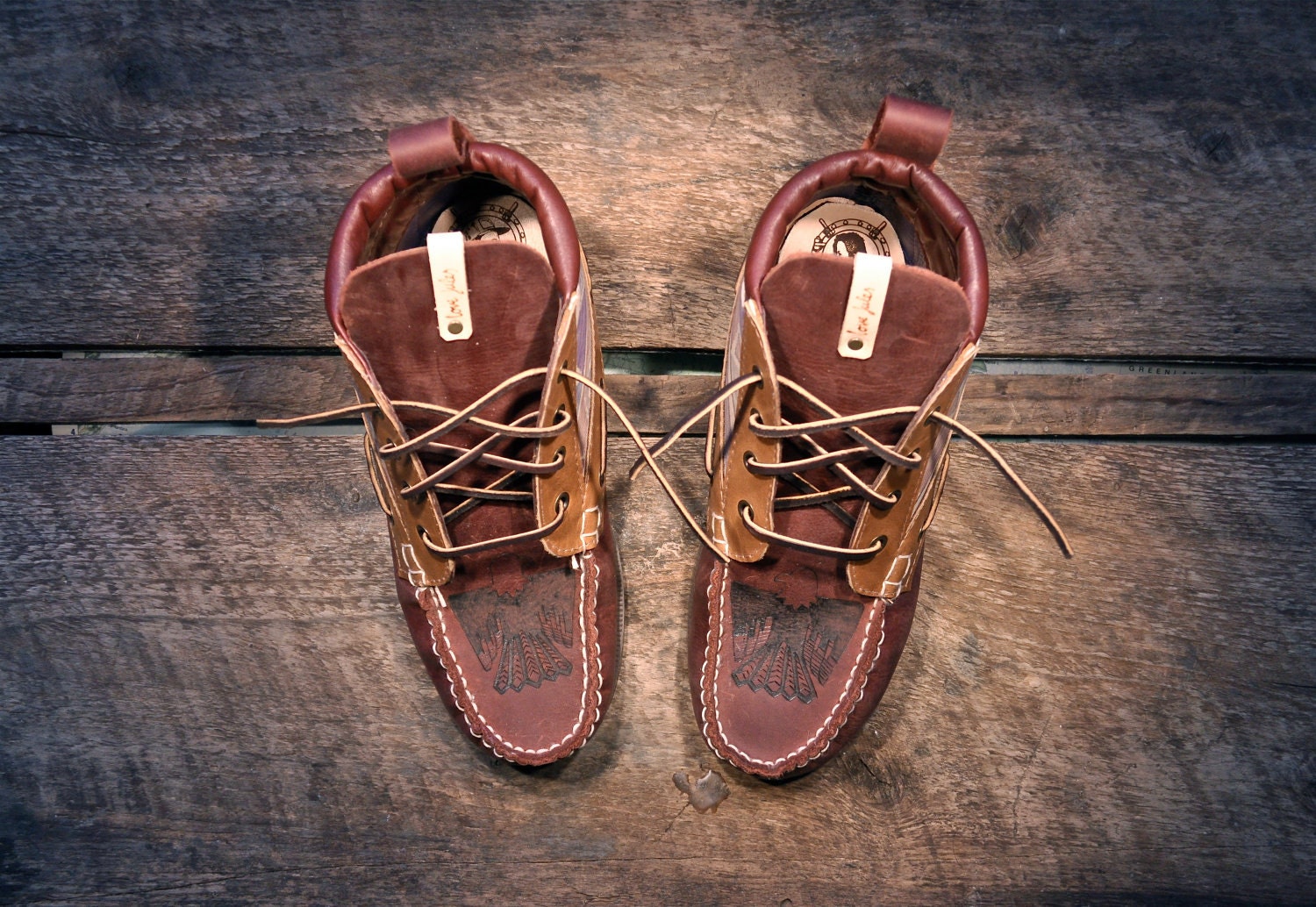Handcrafted HIGHTOP Leather Boat Shoes - Purple, Maroon, and Southwest Style Print - Etched Eagle - MADE to ORDER