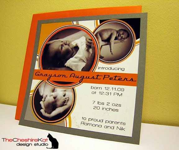 Shades of Grayson - Unique Retro/Modern Birth Announcement with a Circle Motif and Photos