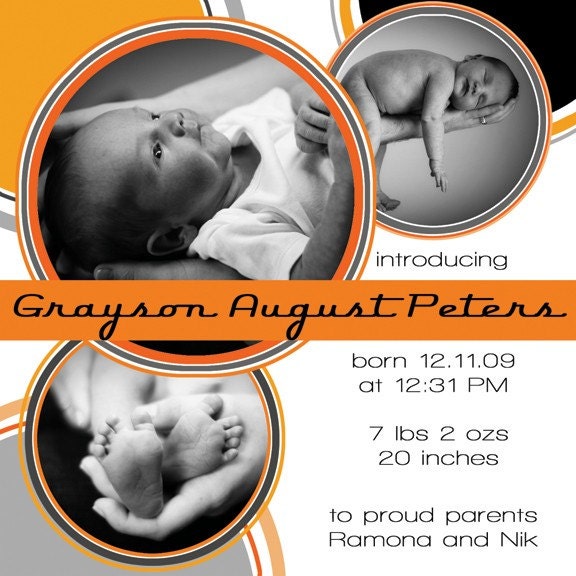 Shades of Grayson - Unique Retro/Modern Birth Announcement with a Circle Motif and Photos