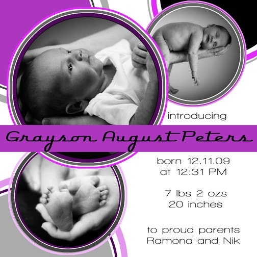 Shades of Grayson - Unique Retro/Modern Birth Announcement with a Circle Motif and Photos