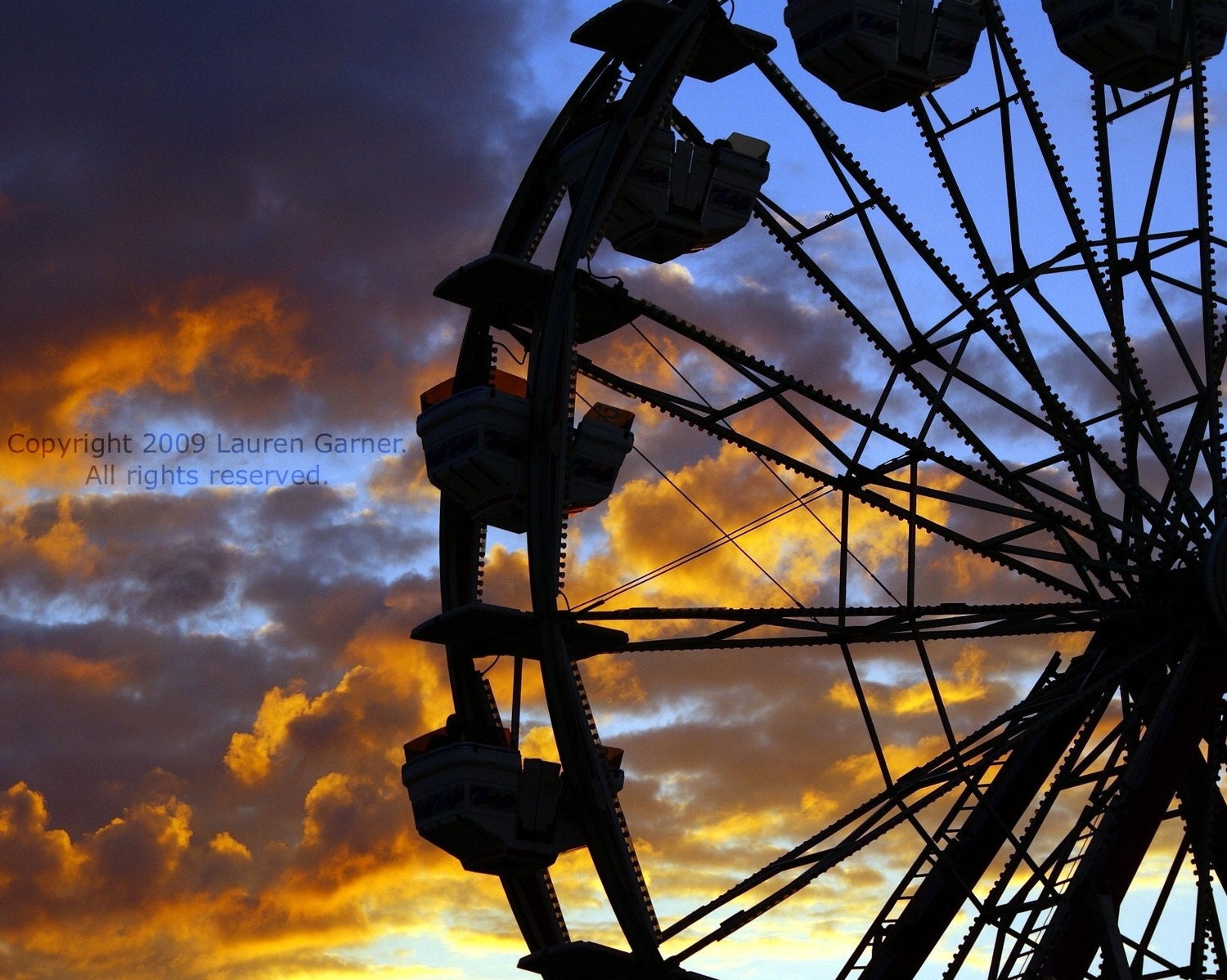 Ferris Wheel Sunset - Fair Carnival Photography Geometric Clouds Sunrise Pretty Orange Blue Black Purple Fine Art Print - 8x10 Photograph