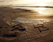 Two Hearts - Written Drawn in the Sand Photography Love Nautical Wedding Engagement Gift Valentines Fine Art Lustre Print - 8x10 Photograph