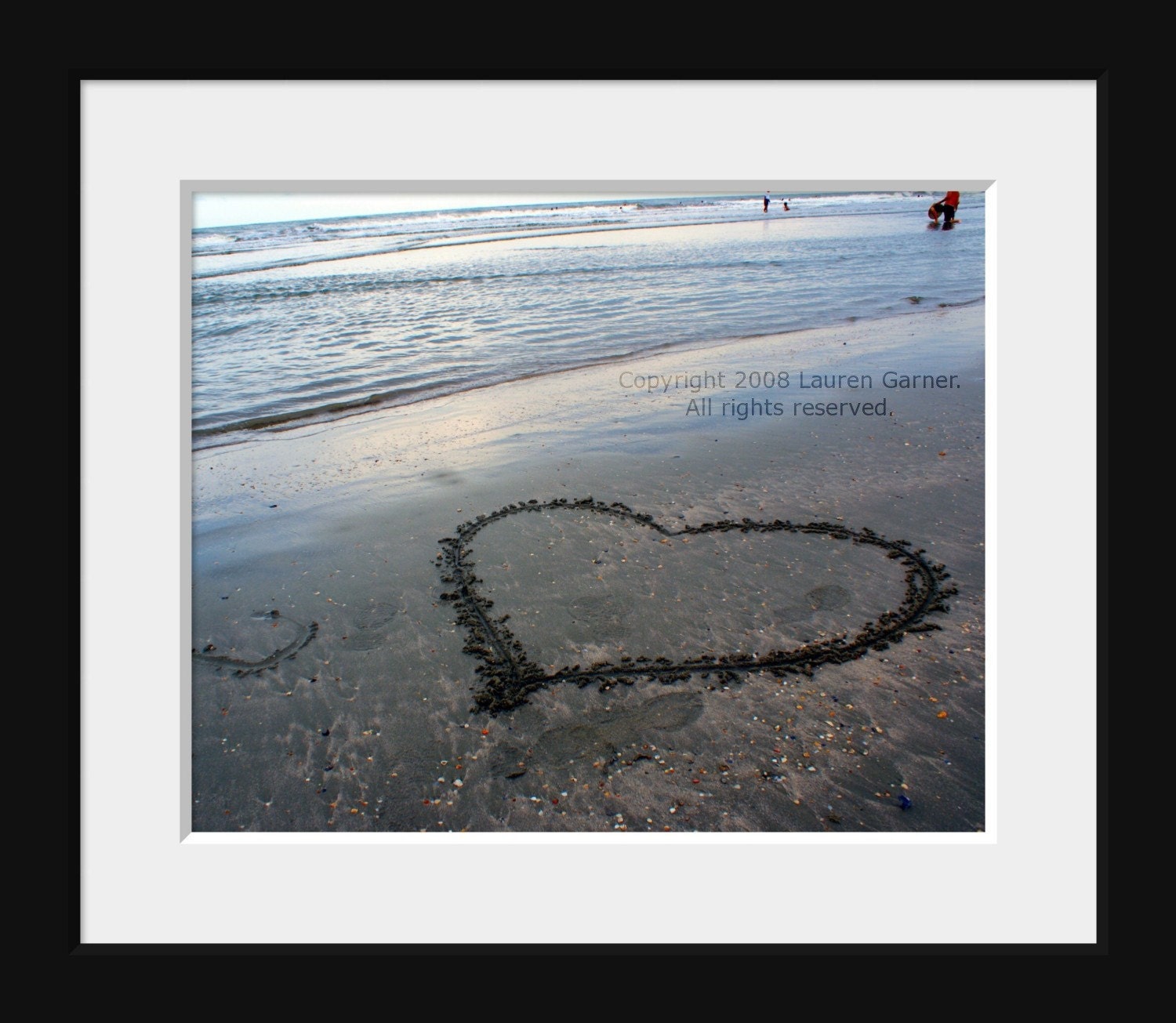 Love Washed Ashore (No. 2) - 8x10 Photograph - Heart Drawn in Sand Beach Wedding Engagement Gift Blue Gray Grey Art Print Wall Hanging Decor