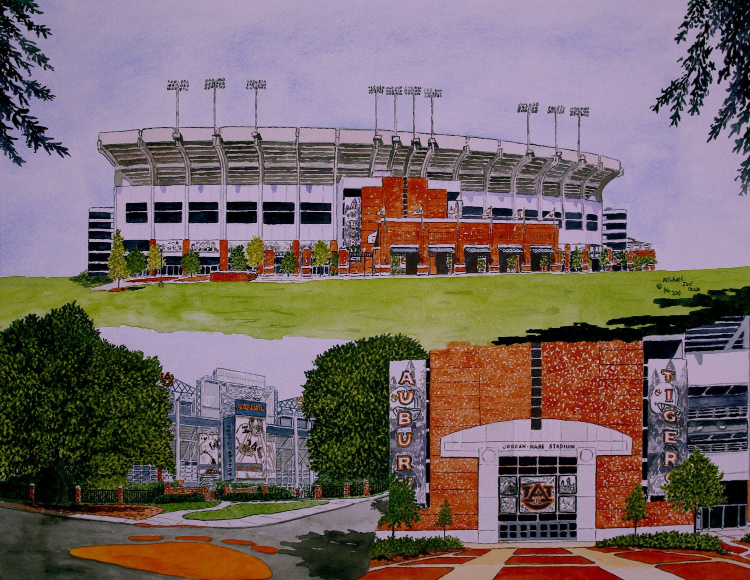 Jordan Hare Stadium at  Auburn University Original Watercolor by Michael Joe Moore