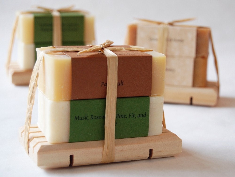 Custom gift set of handmade Sacred Suds essential oil soaps - pick two soaps.  Includes wooden self-draining soap dish and gift wrap.